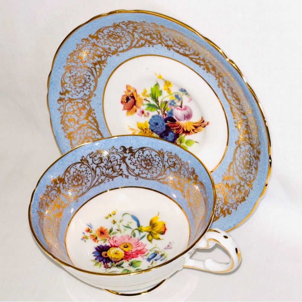 Vintage Paragon Teacup Powder Blue Gold Cup & Saucer Floral Enamels England
